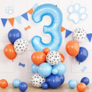 40 Inch Number 3 Balloon Blue, Dog Paw Balloons Tower with Navy Blue Orange and Pastel Blue Balloons for Boys 3rd Birthday Party Decor Kids 3 Year Animal Puppy Dogs Theme Party Supplies