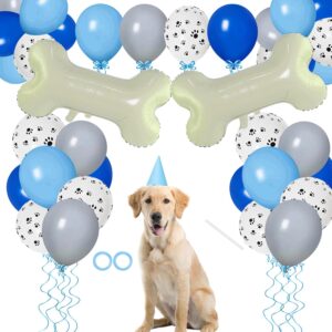 45 Pieces Dog Themed Party Decorations, Gray Bone Balloons, Blue Balloons, Light Blue Balloons, Paw Print Balloons, Gray Balloons, Ribbons And Straws For Dog Kids Birthday Party (blue)