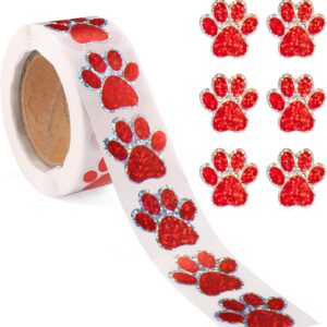 500pcs Puppy Paw Stickers, 1 Inch Self-Adhesive Glittery Pet Paw Decals Cute Dog Feet Paw Stickers Cat Bear Stickers Roll for Envelope Books Laptops Bottles Crafts Supplies(red)