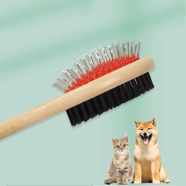 Wooden Dog Brush Double Sided Pet Hair Grooming Brush Dog Pin Brush and Bristle Soft Brush, Dogs Comb and Brush Grooming Tools for Cleaning for Dogs & Cats with Long or Short Hair Red - Image 2