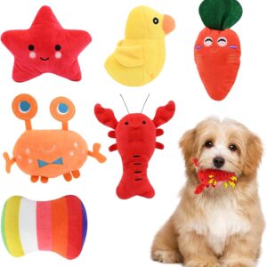 6 Pack Puppy Toys,Dog Squeaky Toys,Small Dog Interactive Teething Plush Soft Chew Toy,Fruit Vegetable Animals Interacting Pet Teddy Toy, Dog Companion Puppy Accessories for Puppies Small Medium Dogs