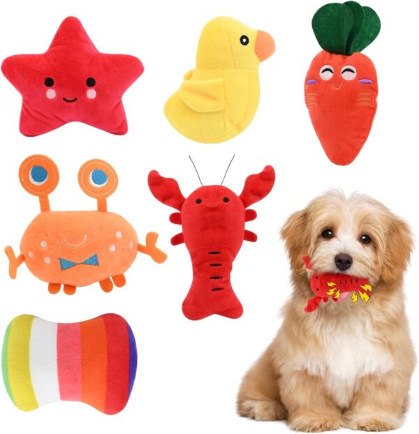 6 Pack Puppy Toys,Dog Squeaky Toys,Small Dog Interactive Teething Plush Soft Chew Toy,Fruit Vegetable Animals Interacting Pet Teddy Toy, Dog Companion Puppy Accessories for Puppies Small Medium Dogs