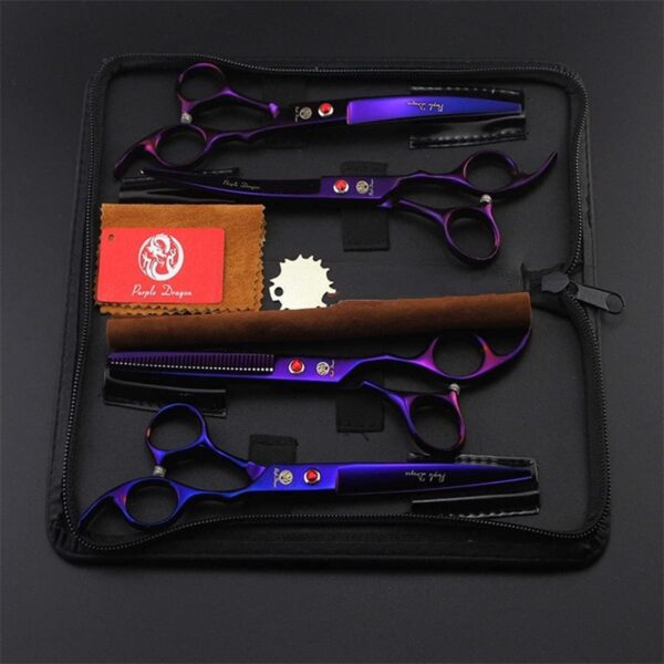 Professional 7.0 inch 4PCS Pet Grooming Scissors Kit Japan Premium Steel Straight & Curved & Thinning Blade Dog Hair Cutting Shears Set with Case,Purple - Image 7