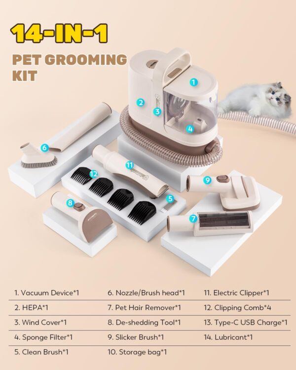 CGOLDENWALL Pet Grooming Kit, 12000 Pa Vacuum Suction with 1.3L Dust Container, Rechargeable Dog Clipper & 4 Combs Professional, 11 Accessories for Shedding Thick & Thin Dogs Cats Pet Hair - Image 7