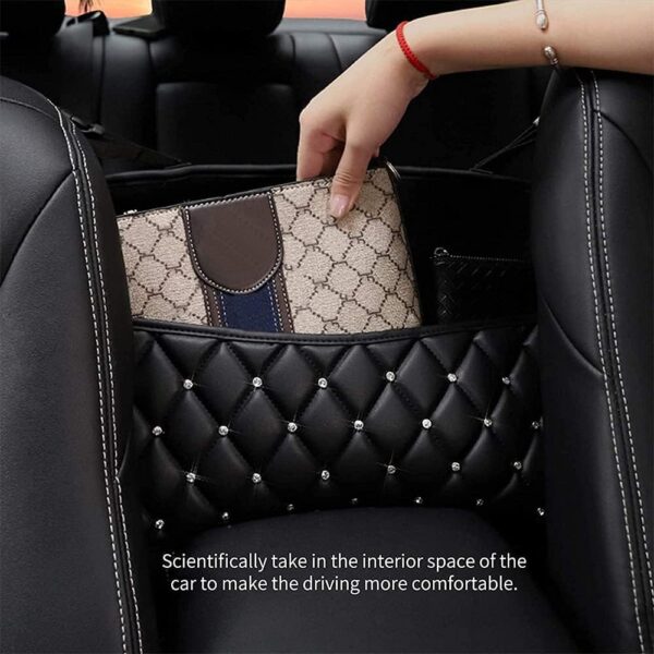 NganSuRong Car Handbag Holder Crystal Rhinestone Organiser Storage for Women, Seat Back Organizer Bag for Tidy Purse & Pocket Smaller Items, Driver Storage Netting Pouch, Barrier of Backseat Pet Kids - Image 3