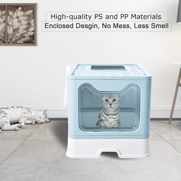 kathson Large Foldable Cat Litter Box with Drawer Enclosed Cat Potty Tray with Lid Top Entry Toilet Anti-Splashing Cat Supplies with Plastic Scoop Easy Clean No Smell Kitty Toilet (Blue) - Image 3