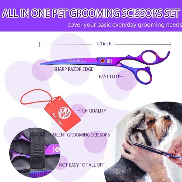 Professional 7.0 inch 4PCS Pet Grooming Scissors Kit Japan Premium Steel Straight & Curved & Thinning Blade Dog Hair Cutting Shears Set with Case,Purple - Image 2