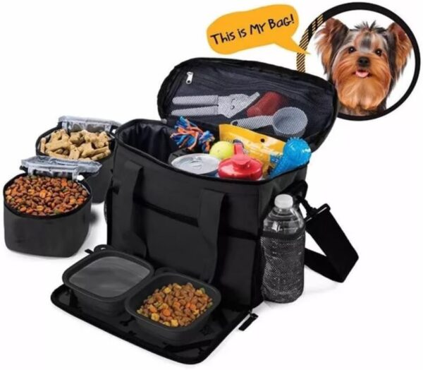 Dog Travel Bag Pet Multi-Use Dog Outdoor Bag with Locking Safety Zippers, Food and Accessory Overnight Black Carrier Bag for Traveling For Dogs, Cats & Pets Includes Bowls, Matt & Shoulder Strap - Image 2