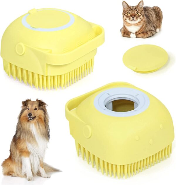 Dog Cat Bath Brush Soft Silicone Dog Rubber Bathing Brush Pet Grooming Shampoo Dispenser Brushes Puppy Cats Shower Hair Fur Grooming Cleaning Scrubber for Short Haired Dogs Cats Shower - Yellow - Image 2