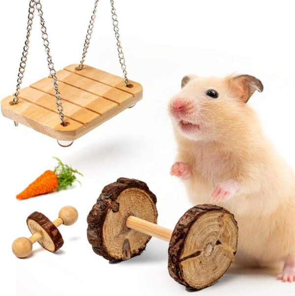 Labeol Hamster Chew Toys Small Animal Boredom Breakers Cage Accessories Pet 11 Pcs Natural Wooden Toys Hamster Ball Swing for Rat Guinea Pig Chinchilla Gerbils Rabbit Parrot Syrian - Image 5