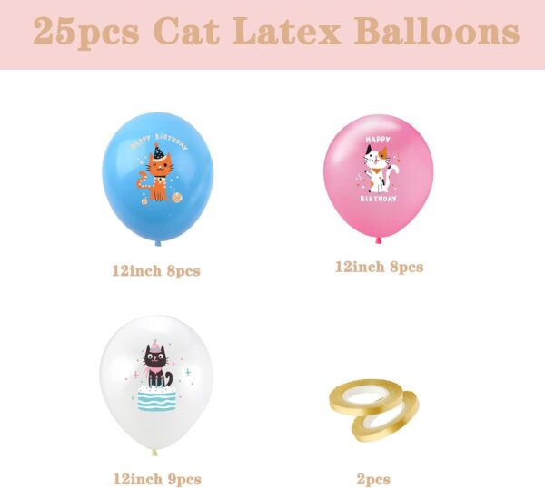 25 Pcs Cat Birthday Party Latex Balloons，12Inch Cute Cartoon Kitten Print Balloons，Cat Theme Birthday Party Decorations Supplies - Image 2