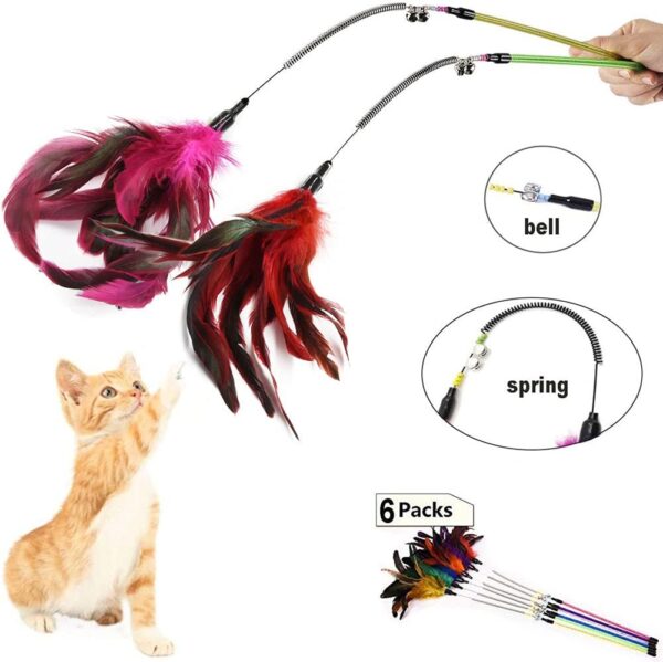 GingerUPer Cat Toy Feather Cat Toy Feather Wand Cat Pet Toy Wire Chaser Wand Teaser Feather With Bell,Cat Toys for Indoor Cats Kitten Interactive Training (6 Pack) - Image 2