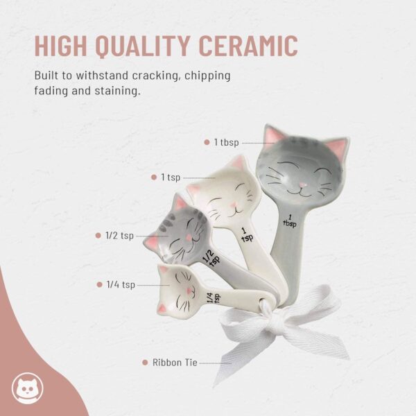 Cat Shaped Ceramic Measuring Spoons with White Ribbon - Cat Lover Gifts for Women - Cat Kitchen Accessories & Baking Measuring Tools - Durable & Cute Baking Supplies for Cat Lovers (Set of 5) - Image 5