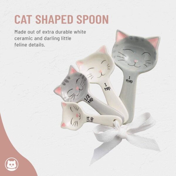 Cat Shaped Ceramic Measuring Spoons with White Ribbon - Cat Lover Gifts for Women - Cat Kitchen Accessories & Baking Measuring Tools - Durable & Cute Baking Supplies for Cat Lovers (Set of 5) - Image 6