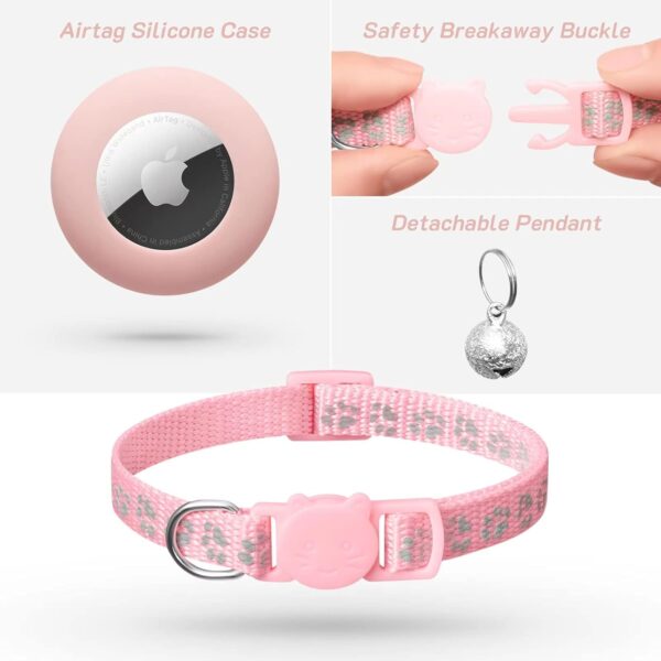 2 Pack Airtag Cat Collar Breakaway with Bell,Reflective Kitten Collar with Apple Airtag Cat Collar Holder,Adjustable 7-12In,Safety Buckle for Girl Boy Cats,Pet Supplies,Accessories,Gifts (Pink) - Image 4