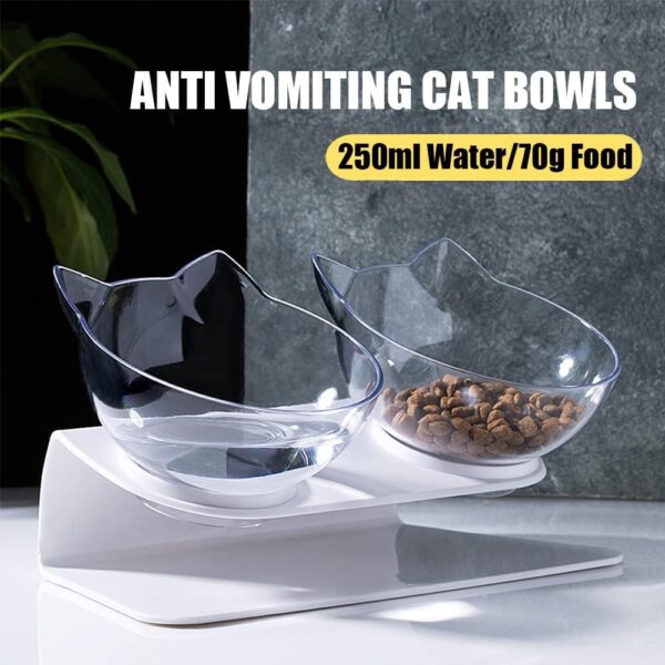 Raised Cat Bowl with Stand, 15° Tilted Cat Bowls for Kittens Elevated Cat Bowl Anti Vomiting Double Cat Bowls Plastic Transparent Cat Feeding Bowl - Image 3