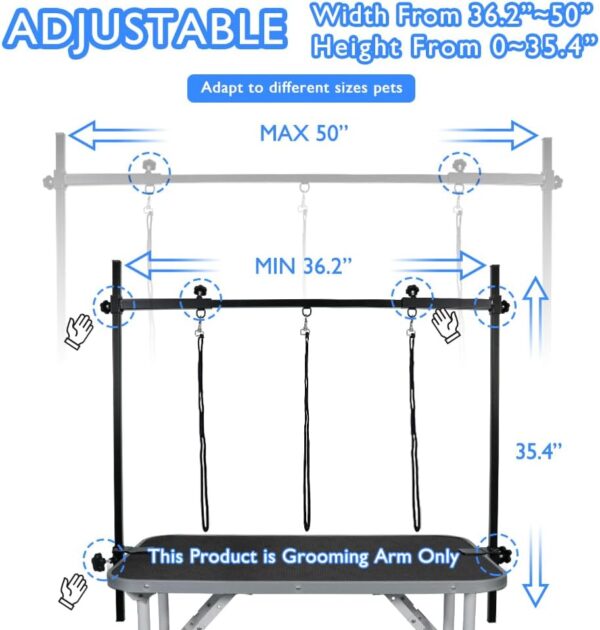 LEIBOU Dog Grooming Arm H-Shape Pet Dog Grooming Table Arm with 3 Noose and Clamp for Dogs and Cats Heavy Duty Aluminum Alloy Frame with 35.4” Adjustable Height and 36.2” ~ 50” Adjustable Width - Image 3