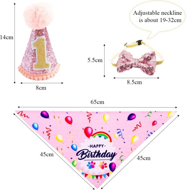 BIPY Pink Dog 1st Birthday Hat Bandana Bowtie for Girls Small Medium Dogs Cats Soft Bibs Doggy Party Supplies Adjustable Pet Collar Bowtie Celebration Pet Birthday Neckerchief Set - Image 2