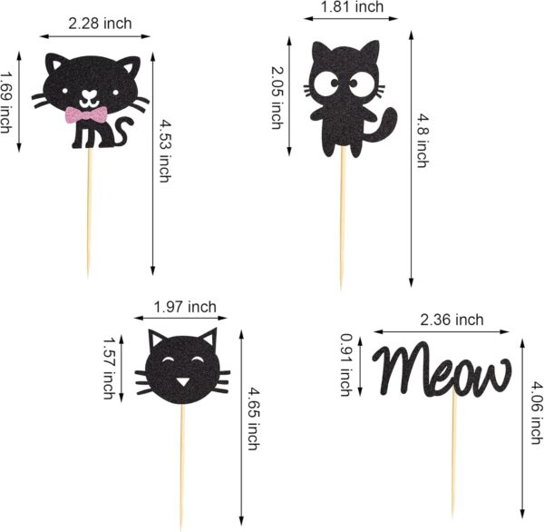 Arthsdite 24Pcs Cat and Meow Cupcake Toppers Kitten Cat Cupcake Food Picks Cat Lover Kitten Theme Baby Shower Kids Birthday Wedding Party Cake Decorations Supplies - Black Glitter - Image 3