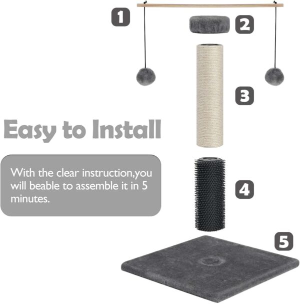 HOMYHANDS Cat Scratching Posts 53CM for Indoor Cats with Self Groomer Removable Pom Sticks, 22.4" Durable Sisal Cat Scratcher with 2 Dangling Balls,Cat Toys for Medium Cats Kittens (Grey) - Image 4