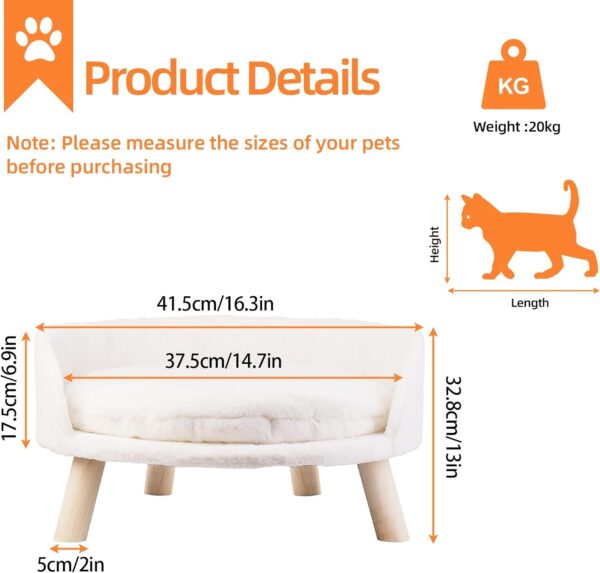 BingoPaw Cat Sofa Chair Bed: Elevated Nordic Pet Stool Bed with Removable Waterproof Mat - Raised Plush Fur Dog Kitten Couch with Wooden Legs Frame (Dia 40cm) - Image 5