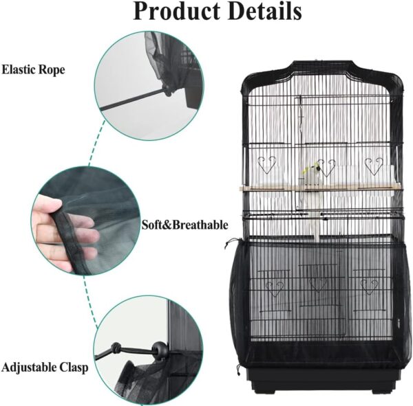 ASOCEA Bird Cage Seed Catcher Adjustable Bird Cage Cover Soft Nylon Mesh Skirt Parrot Birdcage Net Bird Seed Catcher for Parakeet Macaw African 78.7in Round Square Cage-Black - Image 3