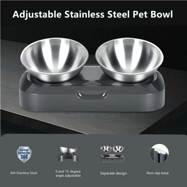 PewinGo Raised Cat Bowl with Stainless Steel, Easy to Clean & Non-Slip Silicone Mat Cat Feeder with 0 &15° Tilting Neck Protective Bowl for Pets, Cats and Puppies Food and Water Feeding - Image 3