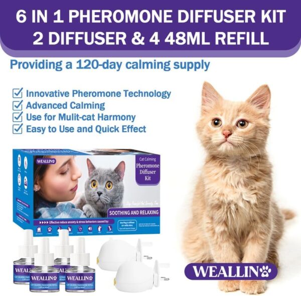 WEALLIN Cat Pheromone Diffuser - Cat Calming Plug-in Relieve Anxiety & Stress - 6-in-1 Cat Pheromones Calming Diffuser Kit with 2 Diffusers + 4 refill 48ml Vial - 4 Months of Comfort and Relaxation - Image 3