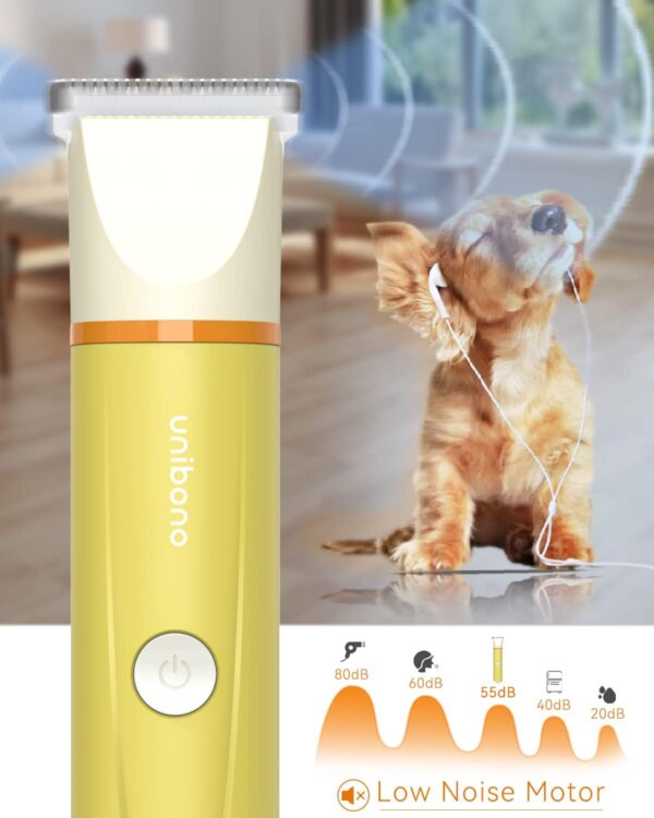 Unibono Dog Grooming Clipper Kit, Rechargeable Pet Clipper for Dogs & Cats, Strong but Quiet for Paws, Eyes, Ears, Face with Grooming Scissors Comb, Yellow - Image 3