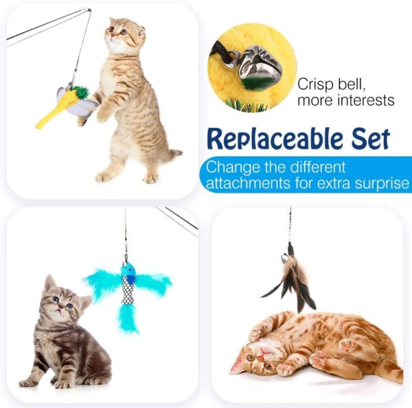 Pawaboo Cat Feather Toys, 4 Pack Interactive Cat feather Teaser Wand Toys, Retractable Fishing Pole Wand Catcher Exerciser with Refill Fish, Dragonfly Worm with Bells, Fun Cat Kitten Kitty Playing Toy - Image 5