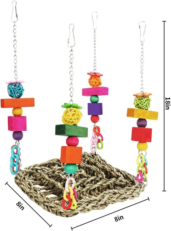 Bird Toys Parakeet Toys Conure Toys Bird Foraging Wall Toy,Seagrass Woven Hammock Swing Mat for Climb Perch Swing with Colorful Wooden Chewing Toys for Lovebirds,Parakeets,Conure,Cockatiel (Middle) - Image 6