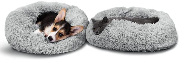 Timormode Calming Dog Beds for Small Medium Large Dogs, Washable Donut Dog Bed Cuddler with Soft Fluffy Cushion, Round Plush Cats Dogs Pet Bed Light Grey M (60cm) - Image 2