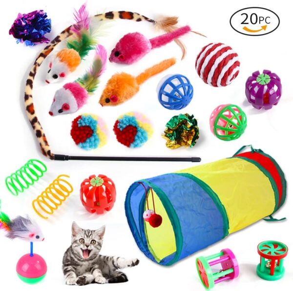 20 Pcs Cat Toys for Indoor Kitten, Collapsible Tunnel, Interactive Feather Wand Ball Spring Mice Toy for Puppy Kitty - Image 7