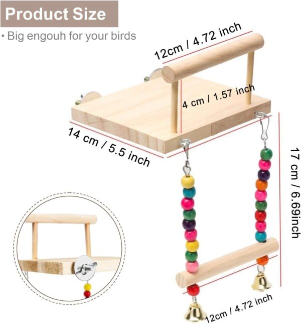 TeTupGa Bird Perches Cage Toys, Parrot Wooden Platform Stand with Swing Bell Swing Hanging Standing Chewing Toy Bird Cage Accessories for Parakeet, Cockatiels, Conures, Budgie, Lovebird - Image 7