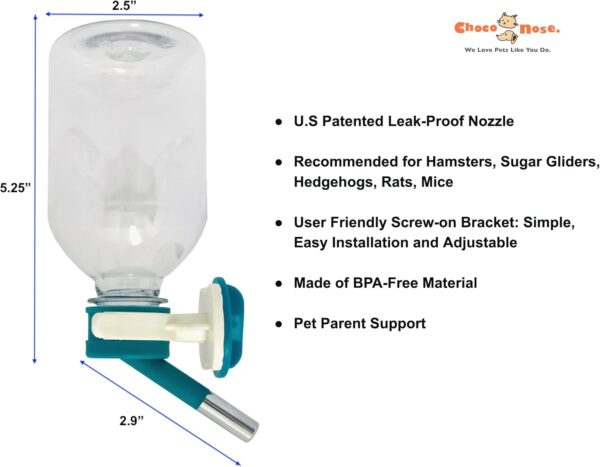 Choco Nose Patented Mini No-Drip Water Bottle/Feeder for Hamsters/Hedgehogs/Gliders/Rats/Mice/Other Small Pets and Animals - For Cages, Crates or Wall Mount. 300ML. Nozzle 10mm, Green (C125) - Image 2