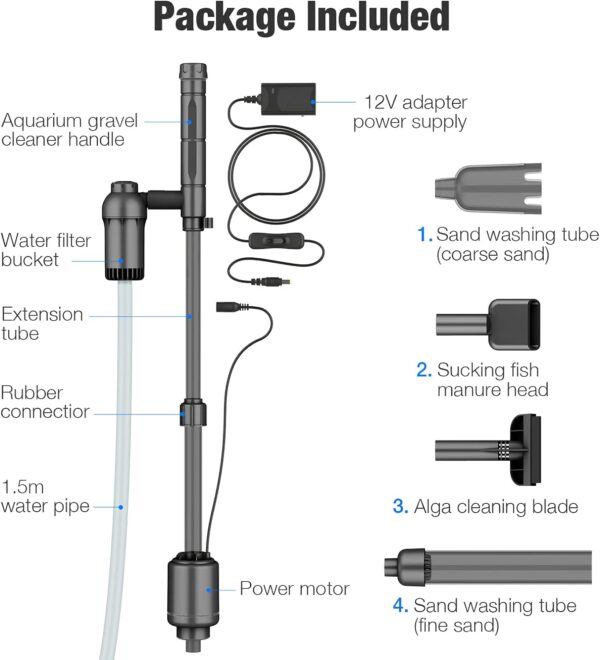 bedee Electric Aquarium Gravel Cleaner, Fish Tank Cleaner, 6 in 1 Automatic Aquarium Cleaner Vacuum Kit for Water Changing & Wash Sand with Adjustable Water Flow, DC 12V, 18W / Black - Image 9