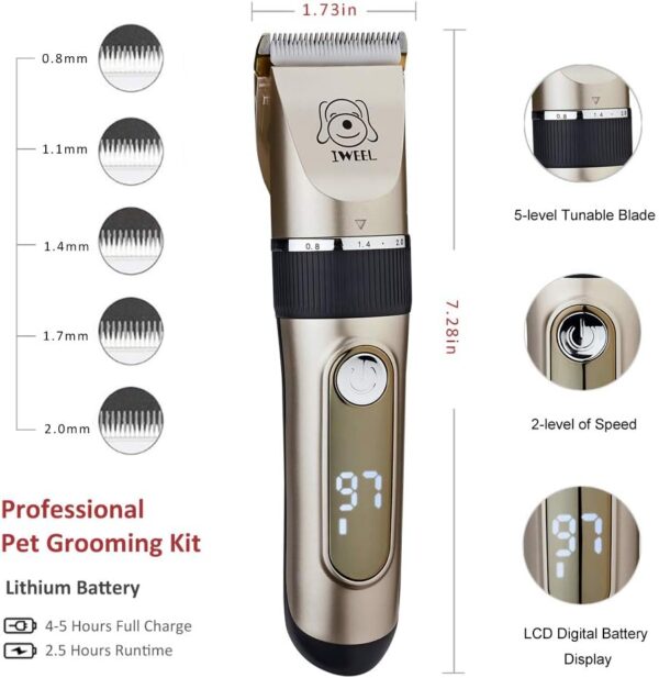 Dog Clippers, 2-speed Professional Rechargeable Cordless Cat Shaver and Low Noise Water Proof Electric Dog Trimmer Pet Grooming Kit Animal Hair Clippers Tool with Scissors Combs - Image 4