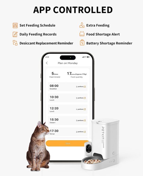 PETKIT Automatic Cat Feeder with Camera, 1080P HD Video with Night Vision, 2-Way Audio, 3L Auto Cat Feeder with Battery-Backup, Low Food & Blockage Sensor, App Control Cat Food Dispenser - Image 5