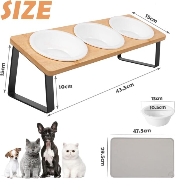 Otoomenz Cat Bowl, Ceramic Cat Food Bowls With 15° Tilted Wood Stand,Raised Cat Bowls for Food and Water, Bamboo Cat Feeding Station with Cat Food Mat for Cats and Puppy (3 Bowls with Stand) - Image 2