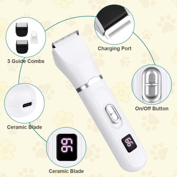 OFFCUP Dog Grooming Kit, Pet Hair Clipper, Grooming Clippers Pet Clipper Shaver Low Noise Rechargeable Cordless Dog Grooming Clippers Electric Pet Clippers for Dogs Cats Pets Hair Trimmer (White) - Image 3