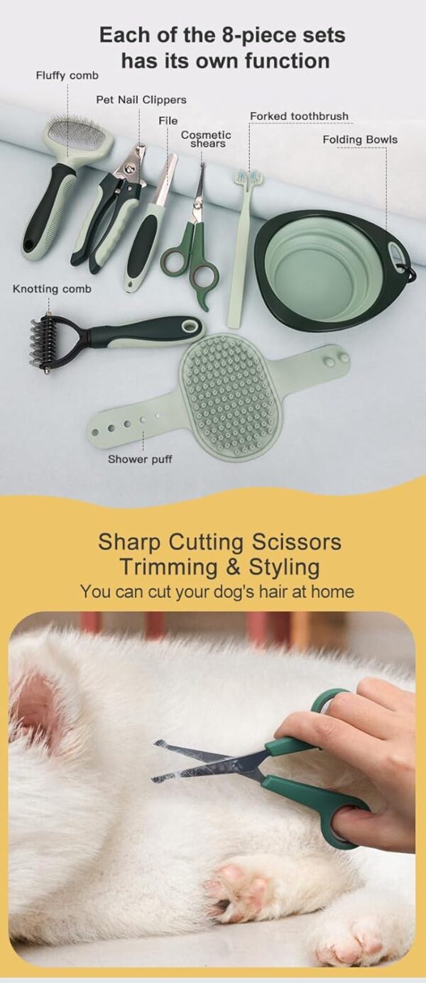 Professional 8 Piece Grooming Kit for Dogs or Cats-Pet Grooming Accessories Set with Fluffy Comb, Knotting Comb, Foldable Bowl, Nail Clippers, File, Forked toothbrush, Cosmetic Shears, Shower Puff - Image 3