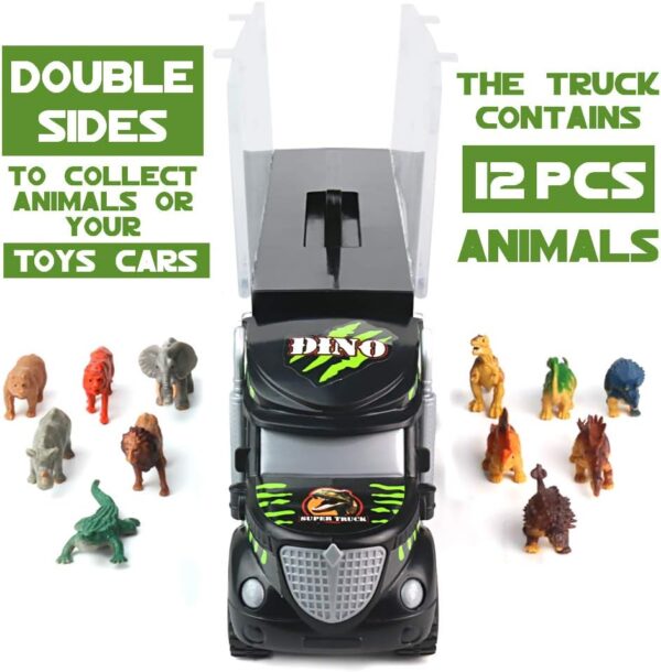 Akokie Dinosaur Toys for Boys Girls - Kids Toys Transport Carrier Truck with Dinosaur Toys Animals Toys 12 Pcs Double Side Storage Set Birthday Easter Gifts for Kids Boys Girls 3 4 5 Years Old - Image 7