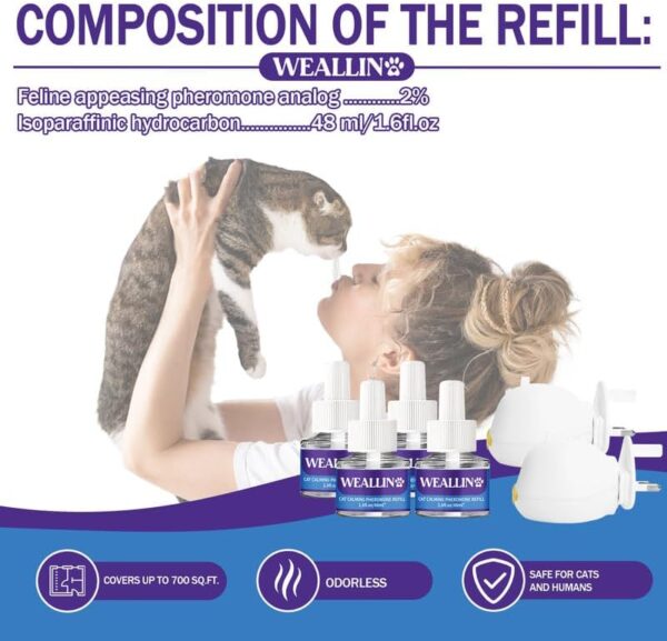 WEALLIN Cat Pheromone Diffuser - Cat Calming Plug-in Relieve Anxiety & Stress - 6-in-1 Cat Pheromones Calming Diffuser Kit with 2 Diffusers + 4 refill 48ml Vial - 4 Months of Comfort and Relaxation - Image 6