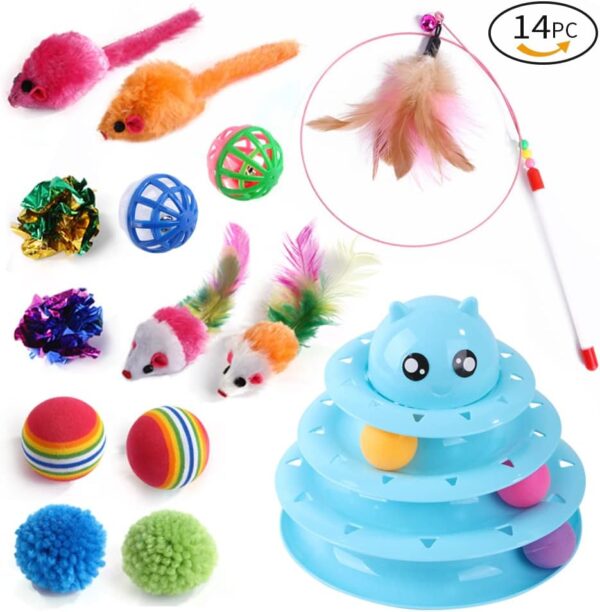 Wefine 14 PCS Cat Toys for Indoor Cats Kitten, Pet Interactive Fun Roller Exerciser Track Toys 3 Level Cat Teaser Ball Toys with 3 Colorful Balls, Cat Feather Wand Toys - Image 7