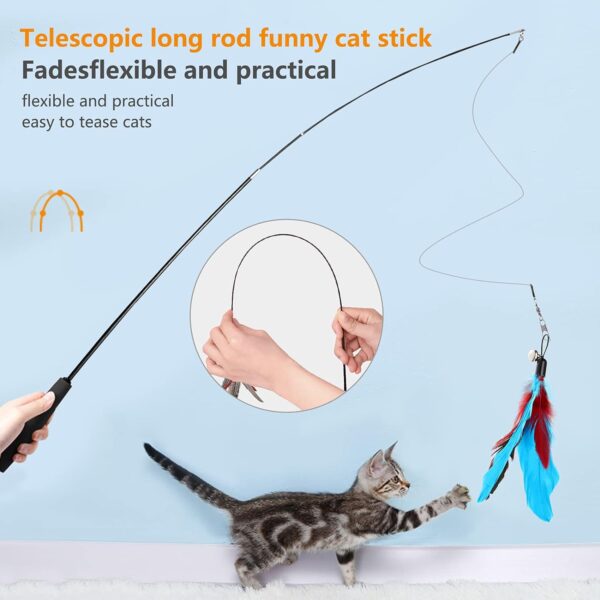 Hianjoo Cat Feather Teaser Set 12 pcs, Interactive Toys for Cats 2 Retractable Cat Wand Funny Sticks and 10 Replacement Feather Toys with Bell for Kitten Cat Catcher Having Fun Exercise Playing - Image 5