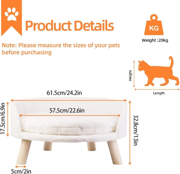 BingoPaw Cat Sofa Chair Bed: Elevated Nordic Pet Stool Bed with Removable Waterproof Mat - Raised Plush Fur Dog Kitten Couch with Wooden Legs Frame (Dia 60cm) - Image 5