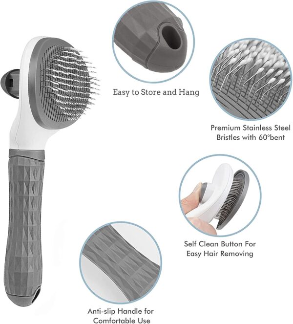 Dog Brush Cat Brush Grooming Comb,Self Cleaning Cat Dog Slicker Brushes with Smooth handle,Pet Grooming Tool with Cleaning Button for Cat Dog Shedding Tools Cat Dog Massage Clean Tangled Brush (Grey) - Image 3