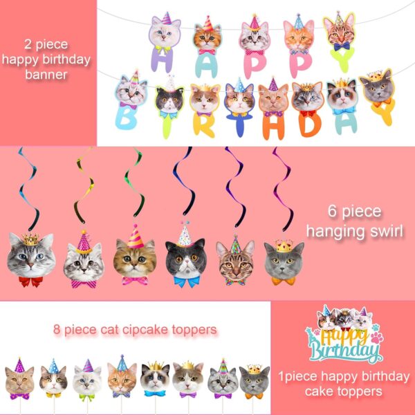 17pcs Cat Birthday Party Supplies, Cat Party Decorations Including Happy Birthday Banner Hanging Swirl Birthday Cake Topper Cupcake Topper for Cat Theme Party Birthday Party - Image 3