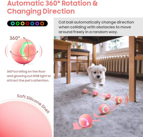 Baytion Interactive Cat Toy Ball Pet Toy Ball with LED Light Auto Rotating Intelligent for Cat Indoor,USB Rechargeable （Pink） - Image 5