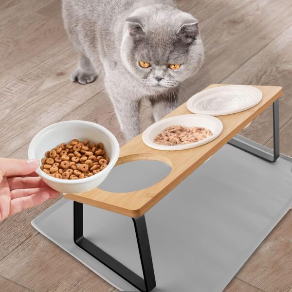 Otoomenz Cat Bowl, Ceramic Cat Food Bowls With 15° Tilted Wood Stand,Raised Cat Bowls for Food and Water, Bamboo Cat Feeding Station with Cat Food Mat for Cats and Puppy (3 Bowls with Stand) - Image 6